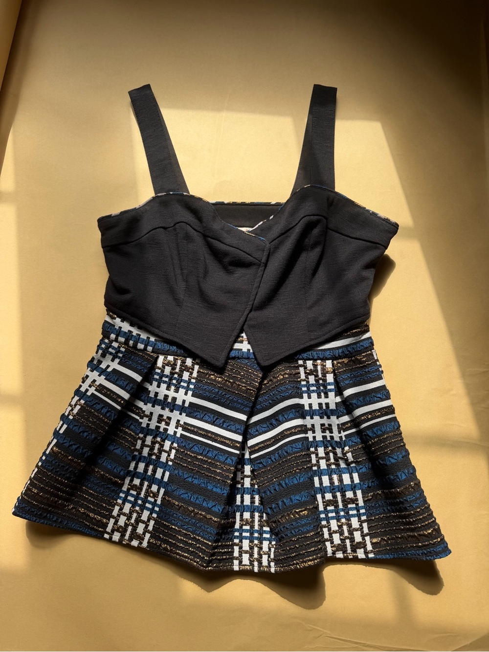 Anthropologie Deletta Peplum Top XS Black Metallic Plaid Sleeveless Side Zip